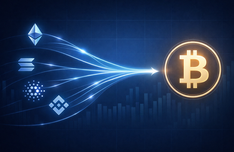 Crypto market rotation from altcoins to Bitcoin during rising dominance
