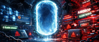 Airdrop scam warning signs in crypto with fake interfaces and digital traps in a blockchain environment