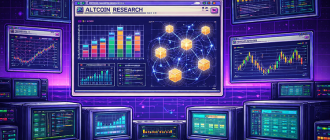how to research altcoins visual showing retro crypto research terminal
