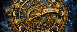 Illustration of the Bitcoin halving cycles depicted as a mechanical astronomical clock.