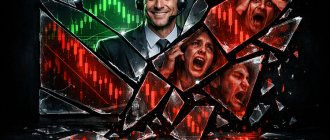 Illustration showing the distorted reality of copy trading risks compared to the master trader's success.