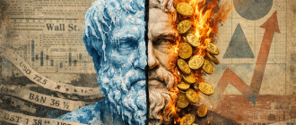 Surreal collage illustrating the contrast between market fear and greed in crypto investing.