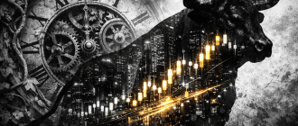 Double exposure art illustrating the lag between crypto price action and fundamental growth.