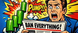 Pop art illustration showing the market pumping on bad news due to crypto market psychology.