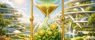 Solarpunk illustration symbolizing the growth of wealth through time in the market rather than active trading.