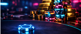 Cinematic illustration of a small neon chip against a massive pile of gold, representing asymmetric investing crypto risk to reward ratio.