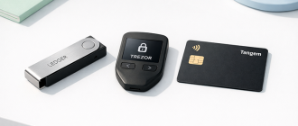 Isometric view of three different hardware wallets on a white desk, representing the best crypto hardware wallet comparison.