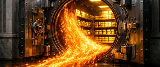 A digital neon river flowing into a Wall Street bank vault, representing the bitcoin etf impact on market structure.