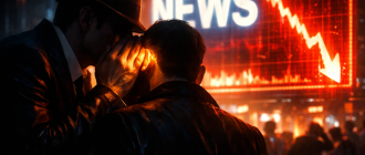Cyberpunk noir illustration showing a whispered secret in the shadows against a bright news billboard, representing the buy the rumor sell the news crypto strategy.