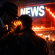 Cyberpunk noir illustration showing a whispered secret in the shadows against a bright news billboard, representing the buy the rumor sell the news crypto strategy.