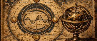 A vintage astronomical map representing the predictable phases of the crypto 4 year cycle.