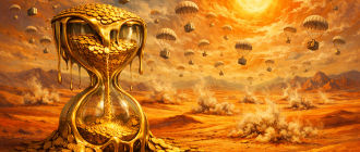 A surrealist painting of digital parachutes dissolving into desert sand, representing why crypto airdrops dump on launch.
