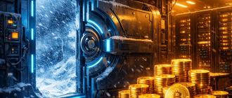 A secure digital bunker protecting glowing crypto assets from a freezing blizzard, representing crypto bear market prep.