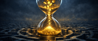 Surreal illustration of a labyrinth and an hourglass, representing the time wasted on crypto beginner mistakes.