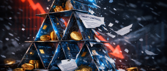 Macro 3D illustration of a collapsing house of cards, representing the hidden crypto earn risks during a bear market.