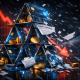 Macro 3D illustration of a collapsing house of cards, representing the hidden crypto earn risks during a bear market.