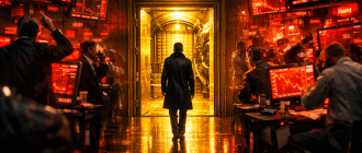 A calm investor walking through a golden exit door away from market chaos, representing a professional crypto exit strategy.