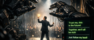 Illustration revealing the hidden puppet strings behind crypto influencer scams and paid narratives.