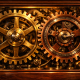 Interlocking brass clockwork gears representing how crypto lending platforms like Aave and Compound operate mechanically.