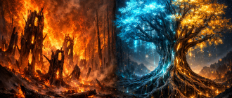 Conceptual artwork of a forest fire and new growth representing crypto market cycles explained.