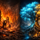 Conceptual artwork of a forest fire and new growth representing crypto market cycles explained.