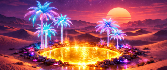 Surreal oasis representing the marketing mirage of crypto passive income versus the reality of the market.