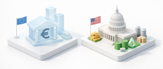 Isometric 3D illustration of EU and US regulatory buildings, representing the global crypto regulation impact.