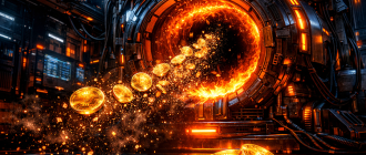 A high-tech digital furnace burning crypto coins, representing how a crypto token burn reduces supply.