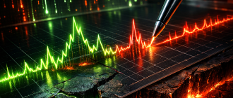 3D illustration of a seismograph representing crypto trading volume and market volatility.