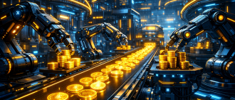 A futuristic automated robotic refinery representing how DeFi yield aggregators automate crypto passive income.