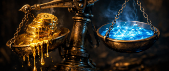 An unbalanced scale with melting gold coins, representing impermanent loss in crypto liquidity pools.