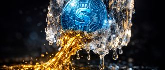 Macro illustration of a frozen coin melting into liquid gold, representing liquid staking crypto unlocking frozen assets.