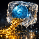 Macro illustration of a frozen coin melting into liquid gold, representing liquid staking crypto unlocking frozen assets.