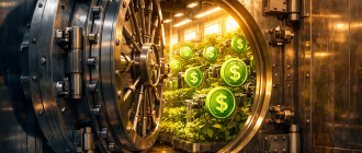 A secure bank vault containing a thriving digital greenhouse, representing sustainable low risk crypto yield strategies for stablecoins.