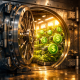 A secure bank vault containing a thriving digital greenhouse, representing sustainable low risk crypto yield strategies for stablecoins.