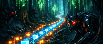 Mechanical wolves lurking in a digital forest, representing MEV bots explained and crypto slippage.