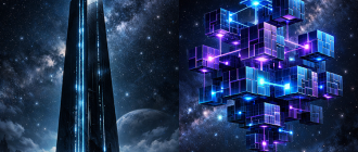 Sci-fi architectural concept showing the difference between modular vs monolithic blockchain structures.