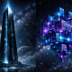 Sci-fi architectural concept showing the difference between modular vs monolithic blockchain structures.