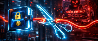 Futuristic digital scissors cutting a connection cable to a malicious smart contract, representing how to revoke smart contract access.