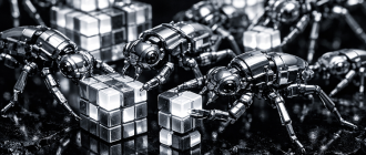 A swarm of chrome micro-robots manipulating data, representing autonomous agents in ai crypto projects.