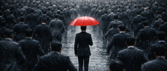 A person with a red umbrella standing against a panicking crowd, representing contrarian investing crypto strategies.