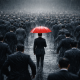 A person with a red umbrella standing against a panicking crowd, representing contrarian investing crypto strategies.