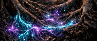 A glowing mycelium network connecting tree roots, representing cross chain crypto explained and blockchain interoperability.