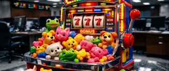 A cheap neon slot machine in a corporate trading floor, representing the absurd crypto memecoin trend taking over utility projects.