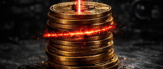 A red laser scanning a stack of crypto coins, representing the harsh reality of crypto taxable events and automated audits.