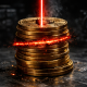 A red laser scanning a stack of crypto coins, representing the harsh reality of crypto taxable events and automated audits.