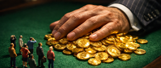 Tilt-shift macro photography of a giant suit hand taking coins from tiny investors, representing crypto vc funding explained.