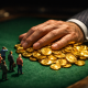 Tilt-shift macro photography of a giant suit hand taking coins from tiny investors, representing crypto vc funding explained.