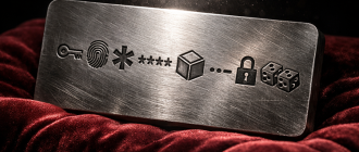 A heavy titanium plate engraved with codes on a velvet cushion, representing how to store seed phrase securely.