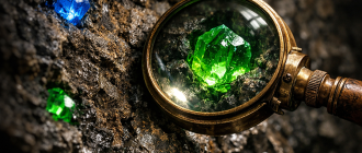 A magnifying glass focusing on a hidden glowing gem in a cave, representing how to use DexScreener to find low-cap crypto gems.